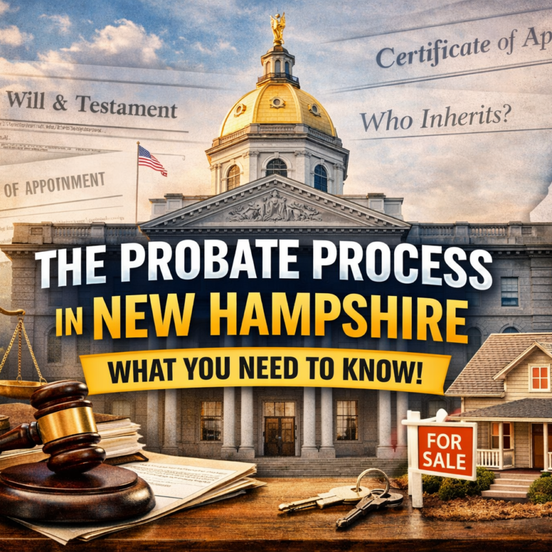 New Hampshire probate process explained with courthouse, will documents, gavel, scales of justice, and a home for sale representing estate administration and probate in NH.