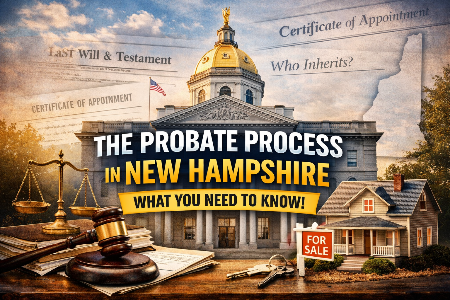 New Hampshire probate process explained with courthouse, will documents, gavel, scales of justice, and a home for sale representing estate administration and probate in NH.